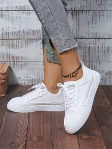 Women White Sneakers Spring Autumn Sport Running Shoes Casual Lace Up Flat Skid-Proof Shoes - trắng - Xem 4