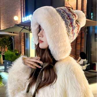 1pc Thick Fleece Cute Plush Winter Hat, Women's Knitted Knitted Blend Earflap Hat, Warm And Windproof Winter Essential