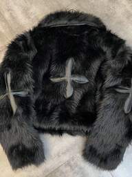 2025 New Winter Collar Long Sleeve PU Cross Personalized Street Simulation Fox Fur Men And Women's Same Style Satin Cotton Jacket