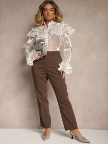 Ruffled Solid Color Front Button Sheer Elegant Long Sleeve Shirt - White - View 2