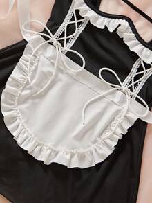 4pcs Maid Costume Set, Black & White Color, Bow Decor, Ruffle Hem, Slit Design, Revealing, Babydoll, Sexy Lingerie Set - Black and White - View 7