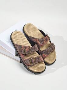 1 Pair Men's Summer Fashion Slide Sandals, Suitable For Daily Outdoor Activities, Beach Leisure Vacation, Metal Double Buckle Design, Adjustable Upper, Fresh Summer Outfit, Indoor Bathroom Slippers, Tropical Print Flip Flops