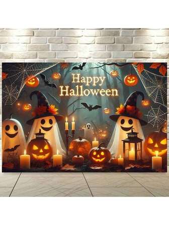 1PC Halloween Background Banner - With Spooky Pumpkins, Ghosts, Bats And "Happy Halloween" Text, Perfect For Party Decorations And Holiday Gifts, Halloween Decorations. Multi-Size, Multi-Purpose Party Backdrop Cloth, Unisex Decoration, Indoor And Outdoor Decoration, Photography Studio, Garden Decoration, Party Decoration And Phone Booth.