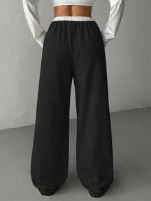 1pc Tween Girls Solid Color Patchwork Fashionable High Street Versatile Pants - Black and White - View 2