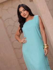 Women's Linen Midi Dress With Pockets, Plain, Wide Straps, Elegant - Mint Blue - View 6