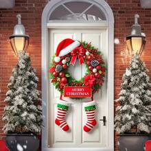 1pc, 35.4x70.8 Inches (90x180 Cm), Merry Christmas, 2D A Christmas Curtain Design Themed Around Santa Claus Hats And Socks, Made Of Polyester, Suitable For Birthdays, Parties, Celebration Events, Indoor/Outdoor Decoration, Home, Porch, Lawn, Garden, Courtyard Decoration, Universal Theme, With Holes For Easy Hanging