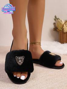 With Gold Panther Rhinestone Inlay Style,House Slippers Are Comfortable, Soft, Fashionable, And Can Be Worn Outside Or At Home. They Are A Choice For Trendsetters,Shoes Women Slippers,Fluffy Slippers,Slippers,Black Minimalist Fuzzy Bedroom Slippers,White Shoes,Gray Shoes