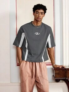 Men's Knitted Casual Everyday Loose Fit Short Sleeve Patchwork T-Shirt, Summer, Streetwear Essentials - Dark Grey - View 1