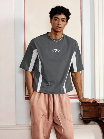 男士针织休闲日常宽松短袖拼布 T 恤，夏季，街头潮流必备