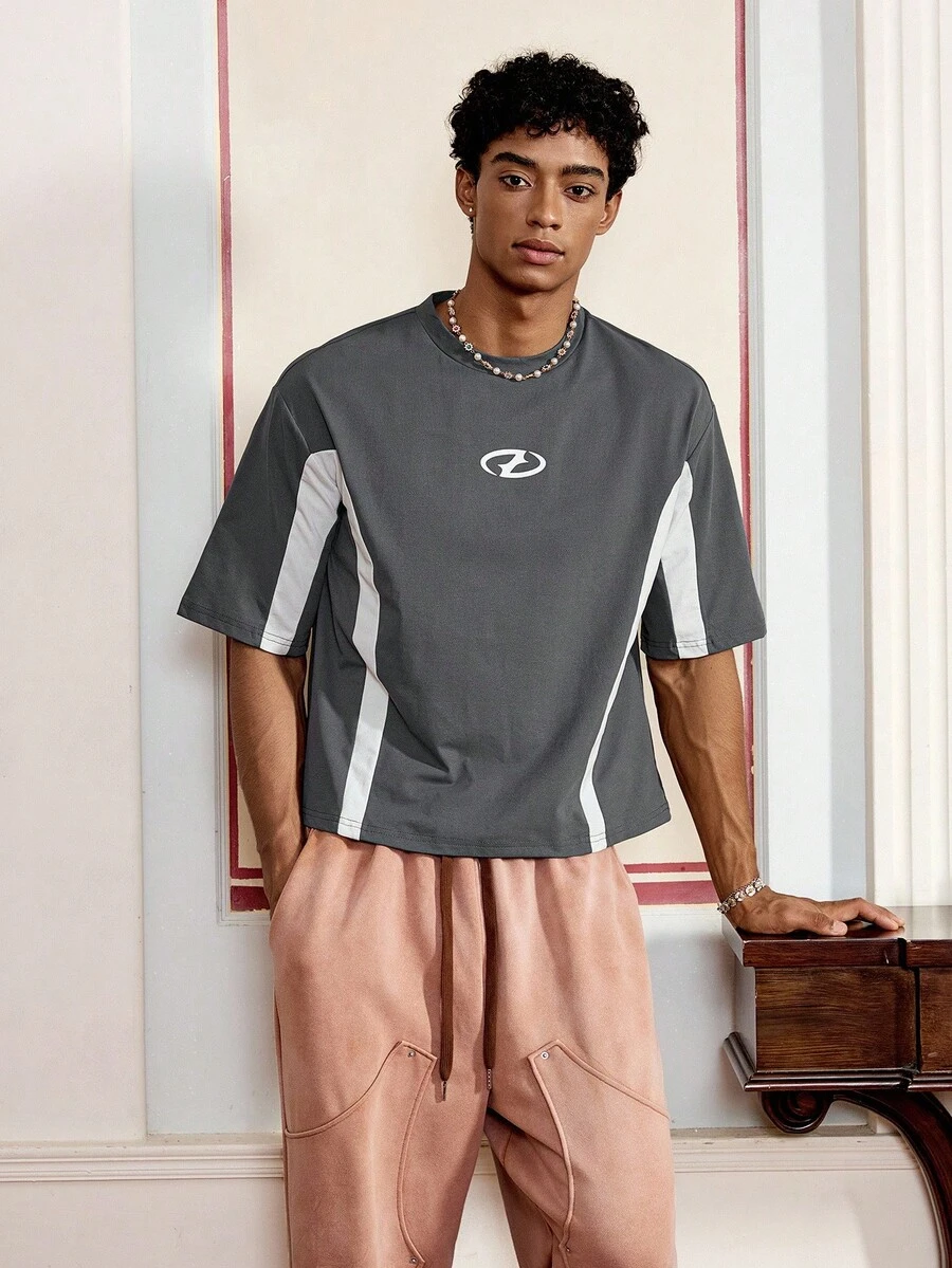 Men's Knitted Casual Everyday Loose Fit Short Sleeve Patchwork T-Shirt, Summer, Streetwear Essentials - Dark Grey - View 1