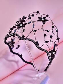 1pc Rhinestone Flower Crown Headband, Luxury Minimalist Crystal Woven Mesh 3D Wide Headpiece, Suitable For Bride, Wedding, Festival, Party, Casual Wear - Black - View 3