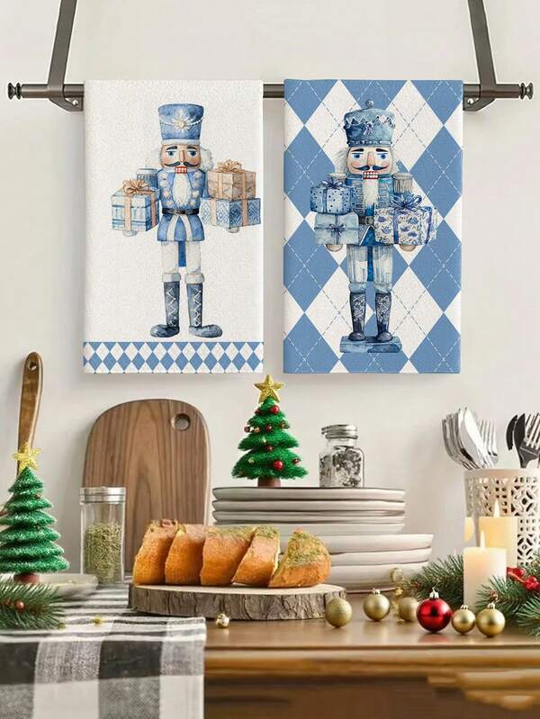 2pcs/4pcs/12pcs Christmas Blue & White Plaid Pattern Kitchen Towels, Christmas Pattern Bathroom Towels, Christmas Outdoor Party Towels, Christmas Home Decor, Christmas Kitchen Decor, Modern Style, Quick Drying, Super Soft Microfiber Material, Rectangular, 15.75IN*23.62IN/40*60CM Digital Printing Pattern, Suitable For Outdoor Party Decoration, Christmas Holiday Gifts