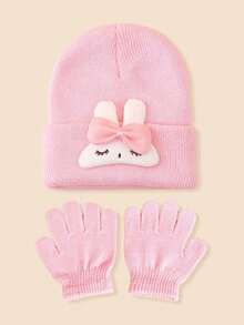 2 件儿童兔子卡通针织帽，保暖滑雪帽，秋冬翻边针织绒球帽，适合男孩和女孩 - 2PC - 查看 7