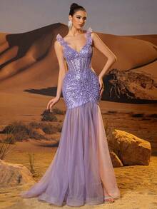 Świecące suknie balowe o kroju syreny długie seksowne formalne suknie wieczorowe dla kobiet ręcznie frezowanie luksusowa suknia balowa z odkrytymi ramionami z tiulowym trenem - Fioletowy - Zobacz 10