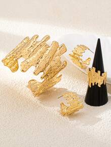 4 件不对称树皮纹理手链、戒指、耳环首饰套装，时尚，适合女性派对和街头穿着 - 金黃色 - 查看 6