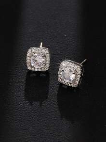 2pcs Cubic Zirconia Square Stud Earrings, Fashionable Luxury Personalized High-End Unisex Earrings For Daily Wear