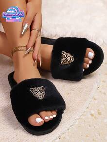 With Gold Panther Rhinestone Inlay Style,House Slippers Are Comfortable, Soft, Fashionable, And Can Be Worn Outside Or At Home. They Are A Choice For Trendsetters,Shoes Women Slippers,Fluffy Slippers,Slippers,Black Minimalist Fuzzy Bedroom Slippers,White Shoes,Gray Shoes