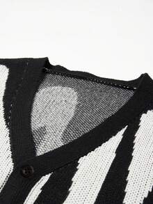 Boys' & Teens' Black & White Abstract Colorblock V-Neck Knitted Cardigan, Single-Breasted Loose Thick Sweater Jacket, Autumn/Winter - Black - View 7