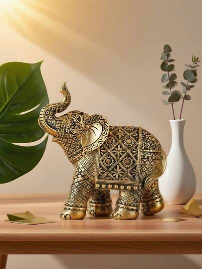Exquisite Gold Elephant Decorative Statue - Finely Carved Resin Statue, Bohemian Vintage Style Home Decor, Suitable For Living Room, Bedroom, Office Desk, Symbolizing Good Luck And Prosperity, Unique Artistic Craft Gift For Homeowners And Collectors, Biblical Elephant, Room Decor, Wedding Decor