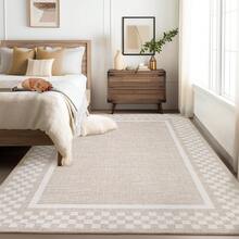 Distressed Plaid Carpet Modern Border Carpet Anti-Fouling Non-Slip Low Pile Foldable Indoor Carpet Ultra-Thin Non-Linting For Bedroom Dining Room Office Laundry Room And Kitchen - 米色 - 查看 2