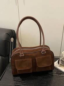 高级手提包女新款时尚百搭圆形绒面鹿绒多口袋手提包拉链单肩包托特包，女式秋冬时尚手提包大容量多口袋通勤包，女士音乐节、派对、礼品包 - 咖啡 - 查看 12