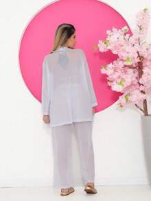 Printed Tulle Beach Cover-Up, Shirt And Pants Set - White - View 2