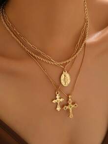 4 件套百搭金链项链套装，复古时尚耶稣水钻十字架吊坠项链女士首饰，适合日常佩戴、派对、约会 - 多色 - 查看 1