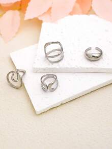 Bộ 4 nhẫn hở hình tròn cổ điển & nhẫn lỏng bất đối xứng, trang sức thời trang dành cho nữ, thích hợp cho ngày lễ, tiệc tùng và đeo hàng ngày - Bạc - Xem 3
