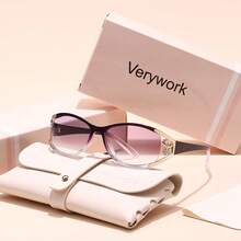 Verywork Women's Fashion Glasses - Stylish Oval Frame, Hollow Design, Black And Purple Lenses, Perfect For Parties And Gifts - 黑紫框漸層紫膜 - 查看 3