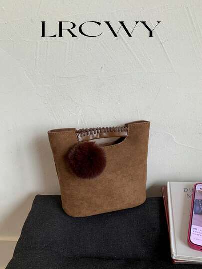 Women's Bucket Bag, Fashion Minimalist Faux Deer Suede Fuzzy Pom Pom Decor, Commute & Shopping Crossbody Bag With Braided Handle, Coffee Color