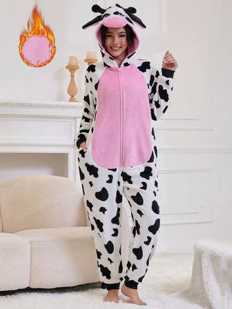 1pc Women's Warm Flannel Cow Print Jumpsuit Fluffy Pajamas, Cute Cartoon Design, Loose Fit, Suitable For Christmas Party And Holiday Gifts, Autumn/Winter, Cozy