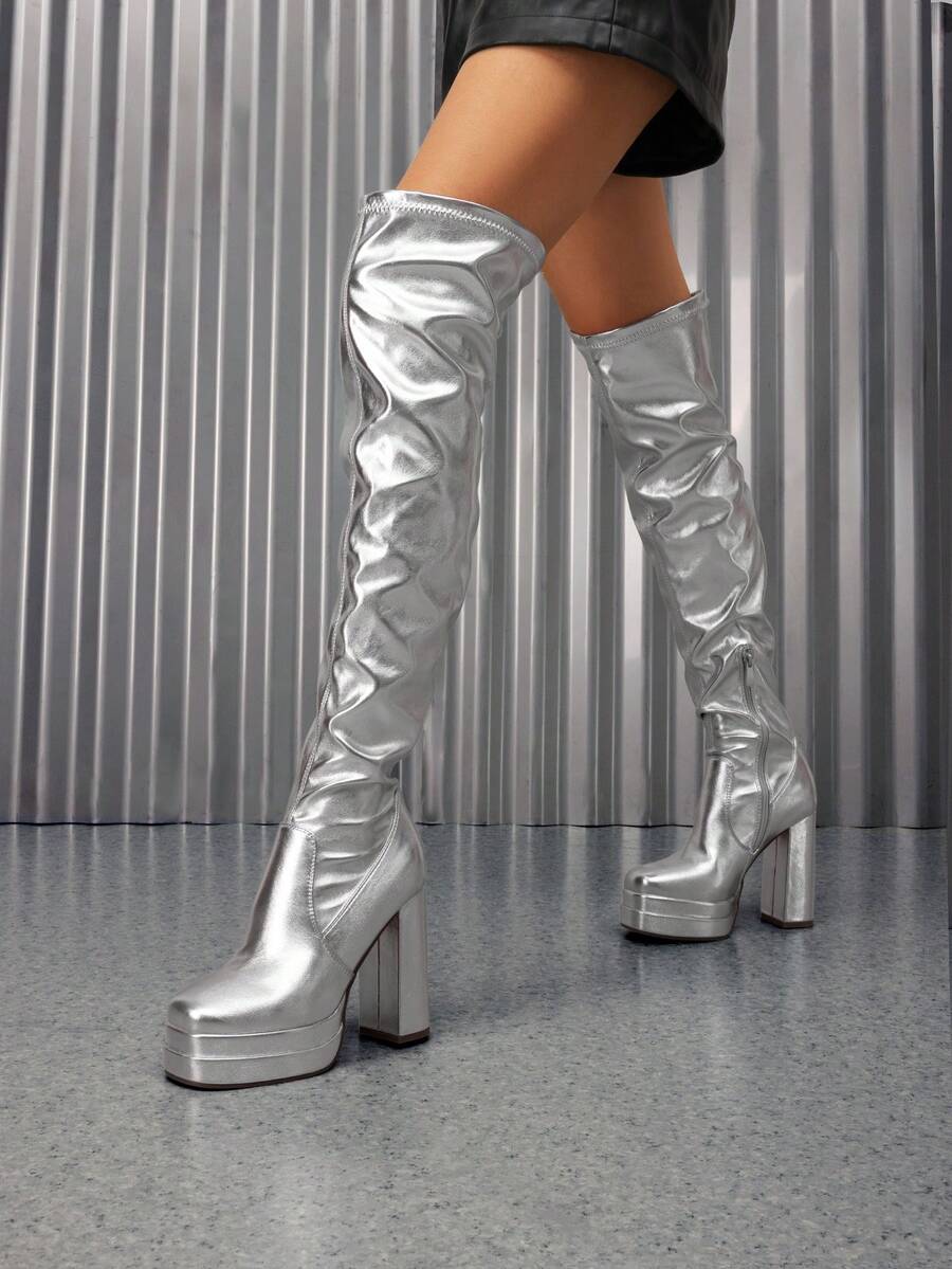Women's Super High Heel Thick Sole Thick Heel Boots, Elegant Square Toe Sock Boots With Side Zipper For Autumn & Winter Party Daily Wearing - 銀色 - 查看 1