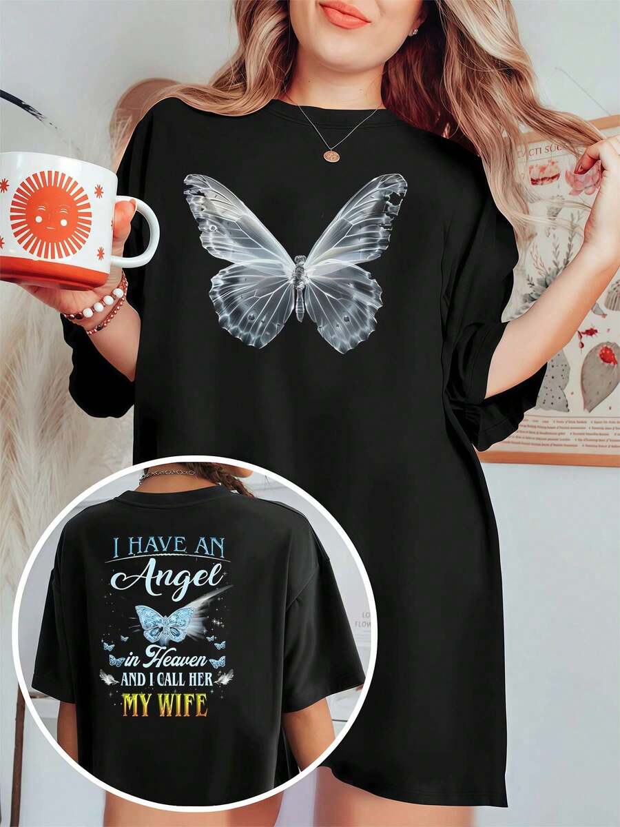Wife Angel Heaven Graphic Tee , Women's Double Sided Printed Fashion Casual Round Neck 220gsm Cotton T-Shirt (1 PC)