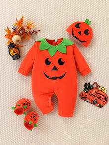 3pcs/Set Kids Pumpkin Print Romper, Hat Autumn & Winter Outfits For Boys And Girls