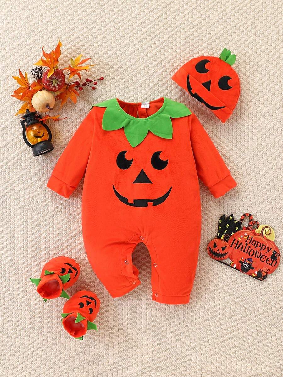 3pcs/Set Kids Pumpkin Print Romper, Hat Autumn & Winter Outfits For Boys And Girls