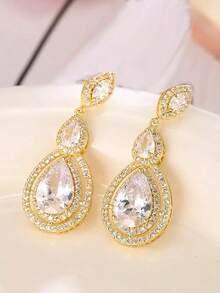 1 Pair Daily Wear CZ Women Wedding Earrings With Water Drop AAA Cubic Zirconia Party Earrings Jewelry - 黃金 - 查看 6