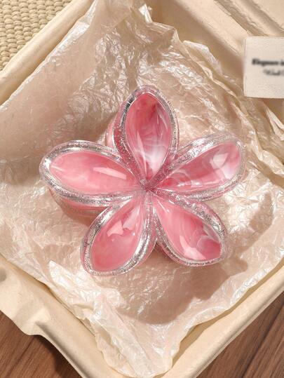 1pc ABS Material Sweet Floral Glitter Silver Sequin Marble Pattern Hair Claw, Large Size For Beach, Party, Ponytail Hairstyle Decor, Spring/Summer Fall Fashion Women Flower Hair Clip Autumn Hair Accessories Elegant Claw Clips Hair Clutch Clips For Hair Winter For Vacation Outfits Woman