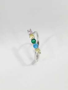 1pc Elegant Fashionable Minimalist Sparkling 925 Silver Cubic Zirconia Colorful Round Stone Ring, Suitable For Women's Party, Gathering, Daily Wear To Enhance Elegant, Gift