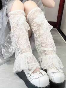 Y2K Lita Sweet Girl Leg Sock Set - Lace Patchwork + Ribbon Design, Thin Over-The-Knee Leg Warmers With Star Trim