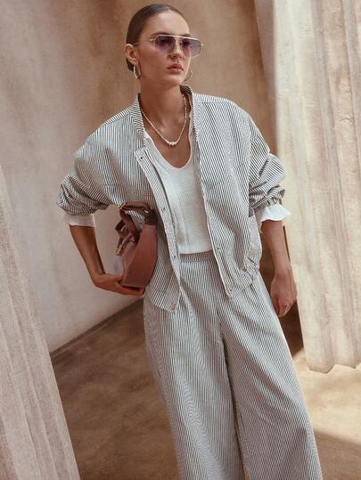 Sollinarry 2 pezzi Set di giacca con colletto alto e chiusura lampo e pantaloni larghi, a righe, autunnale, per donna