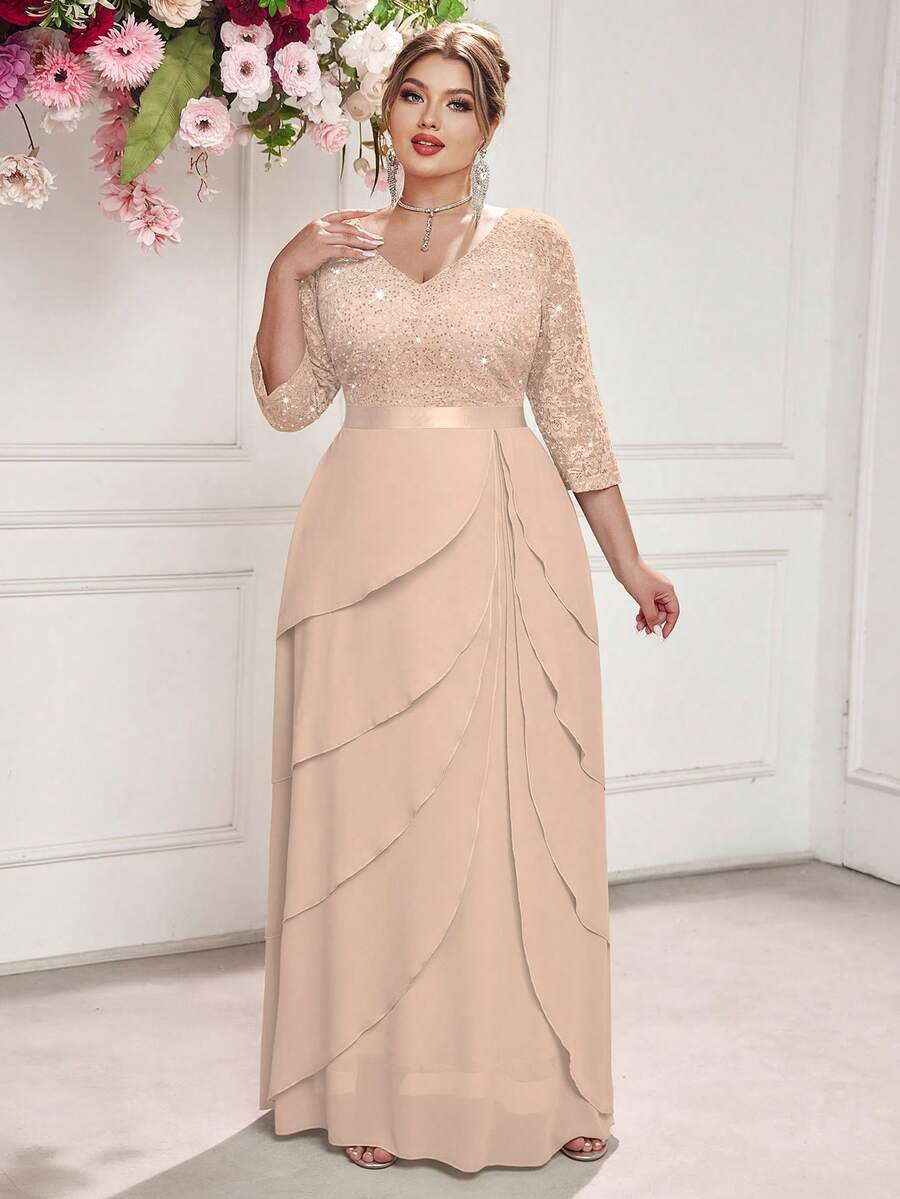 Đầm maxi cỡ lớn cổ chữ V đính sequin, ren hoa, viền bèo nhún bằng chiffon, thanh lịch cho tiệc trang trọng, đám cưới, sinh nhật, lễ tốt nghiệp, tựu trường mùa xuân.