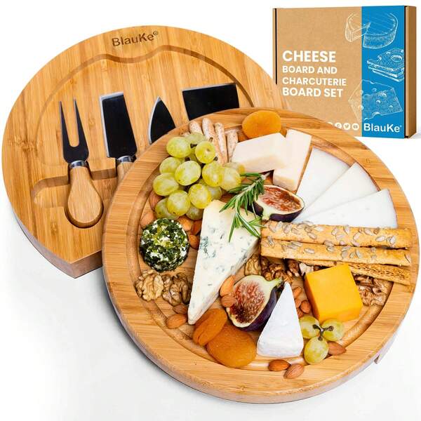 BlauKe® Bamboo Cheese Board And Knife Set - 10 Inch Swiveling Charcuterie Board With Slide-Out Drawer
