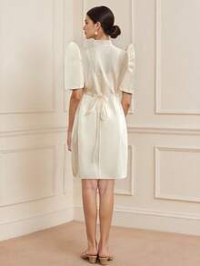 Amyenjoylife 现代菲律宾传统服饰连衣裙，优雅蝴蝶袖菲律宾传统服饰，女士优雅气质印花泡泡袖衬衫裙，现代菲律宾传统服饰，香槟色连衣裙 - 香檳色 - 查看 2