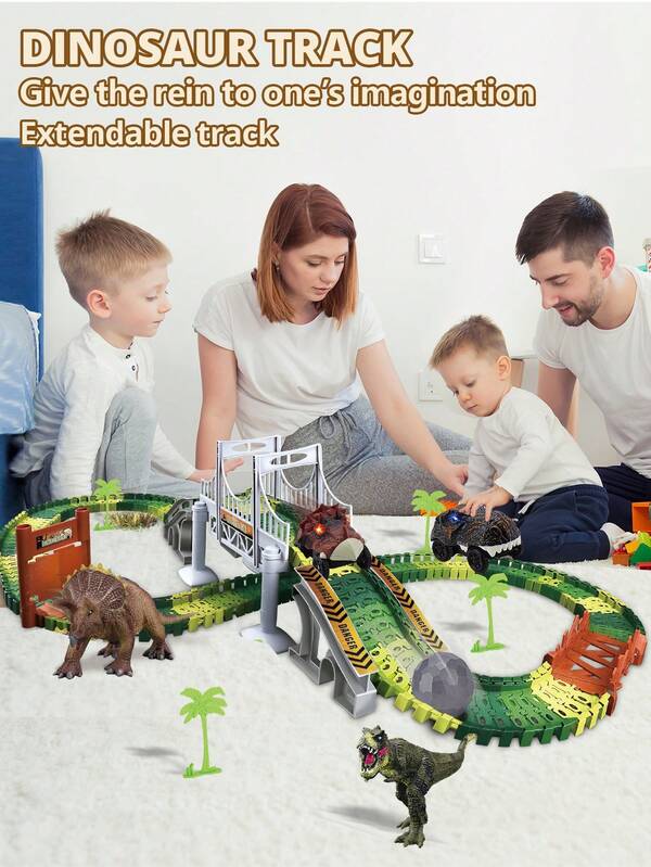 Children's Dinosaur Theme Track Car Playset, DIY Track Toy With Obstacles, Electric Track Car, Suitable As Christmas/Halloween/Easter/Birthday Gift For Boys And Girls