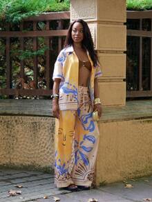 Yess Loren 宽腿系带图案太阳印花长裤海滩罩衫游泳夏季假期节日可爱休闲优雅托斯卡纳太阳 - 彩色 - 查看 2