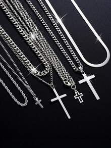 6/2pcs Simple Casual Fashion Cross Stainless Steel Multi-Layer Pendant Necklace Set For Men, Suitable For Vacation, Date, Gift, Daily Casual, Party Matching, Gift For Boyfriend, Father - 銀色 - 查看 1