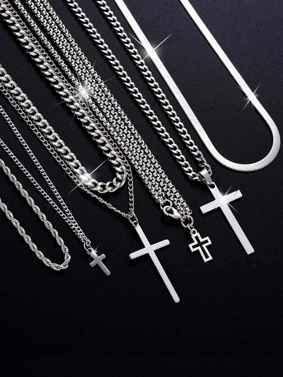 6/2pcs Simple Casual Fashion Cross Stainless Steel Multi-Layer Pendant Necklace Set For Men, Suitable For Vacation, Date, Gift, Daily Casual, Party Matching, Gift For Boyfriend, Father - 銀色 - 查看 1