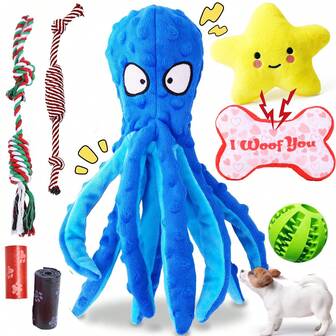 8 Piece Deluxe Puppy Toys, Dog Toys For Teething Puppies, Puppy Chew Toys With Cute Squeaky Dog Toys, Balls And More Rope Dog Chew Toys, Happy Puppies, For Indoor Play, Outdoor Training.
