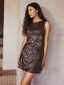 Women's Autumn/Winter New Sequin Embellished 3D Floral Decor Short Party Dress, Fashionable Cocktail Dress, Birthday Dress, Christmas Dress - Brown - View 8