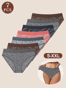 MEIYATING 7pcs/Pack Women's Low Waist Seamless Panties, Leopard Print Pattern, High Elasticity & Comfortable Fit